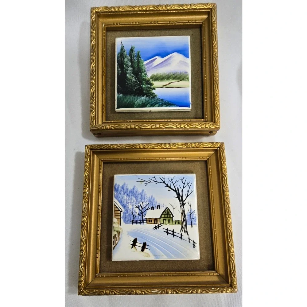 Vtg Ucago Japan hand painted framed tile picture MCM cottagecore 1950s Retro